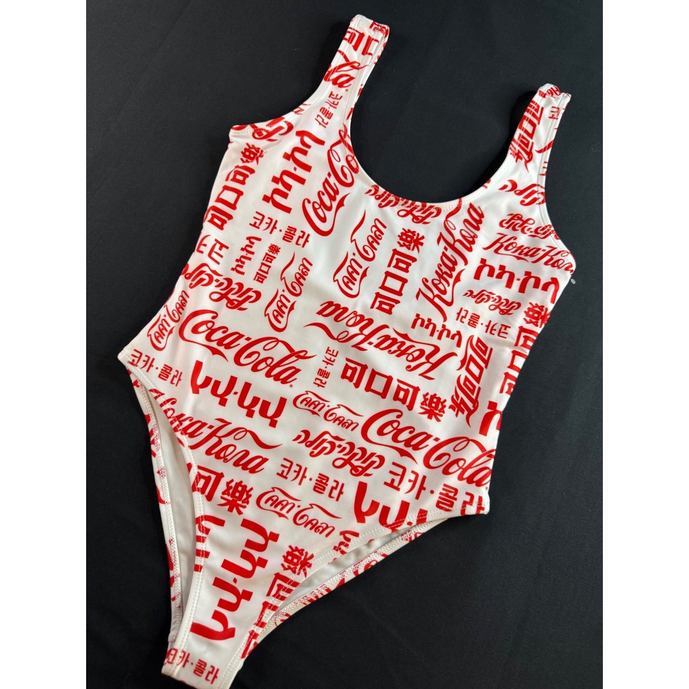 Coca-Cola Womens One Piece Swimsuit Red White Multi Language Logo Size Small